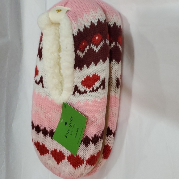 Kate Spade pink red argyle look shearling lined footlet house home socks new OS - Picture 4 of 8